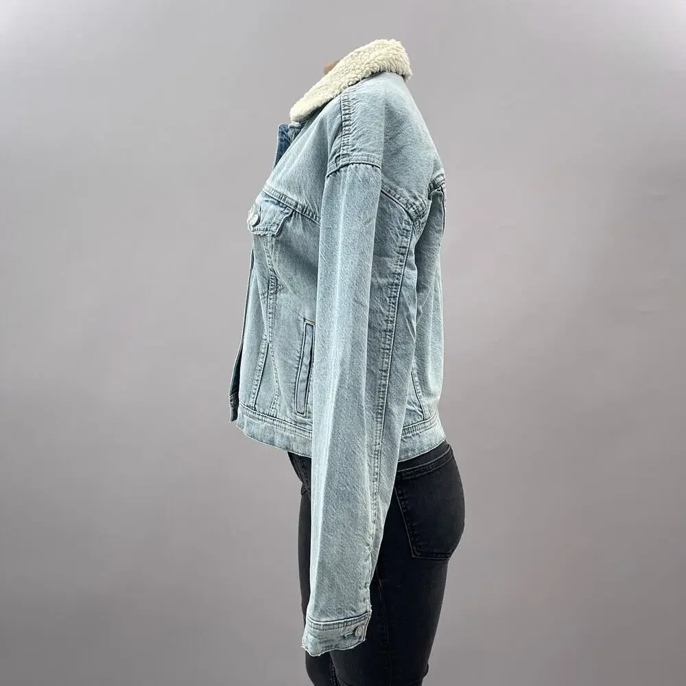 NWT American Eagle Sherpa Denim Trucker Jacket Blue Women's Size Medium - Picture 5 of 14